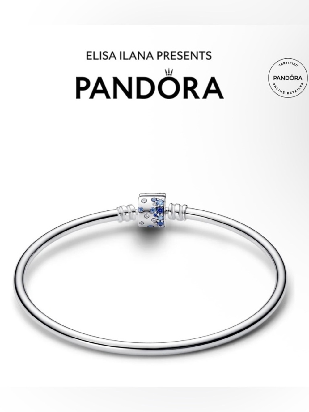Pandora Sparkling Barrel Clasp Sterling Silver Charm Bangle with Blue Crystal